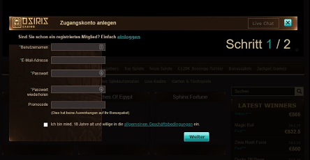 Die Registrierung im Osiris Casino